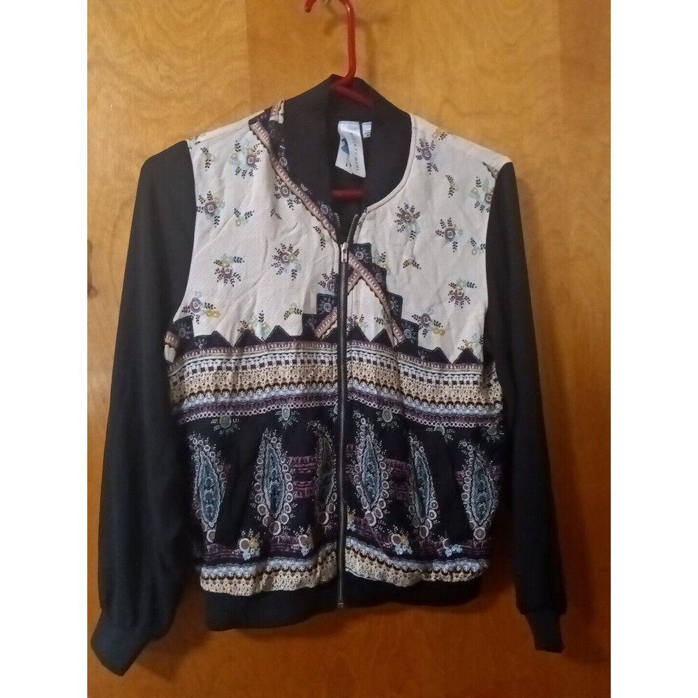 Society Girl Jacket Lightweight Zipper Black  Floral Print Size Xs#2789